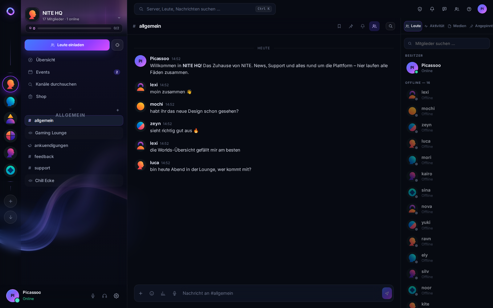 Die NITE-Oberfläche mit Server-Liste, Chat und Kontextpanel